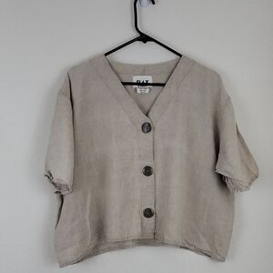 FLAX linen short-sleeve V-neck Cropped Shirt Size Medium